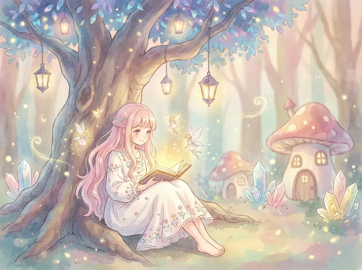 调教老婆 - 魔法森林中阅读故事书的粉发少女与精灵